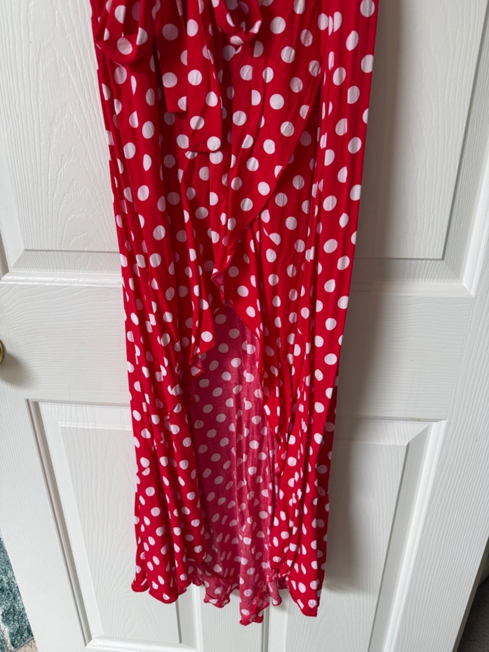 Red Polka Dot Wrap High Low Dress - Picture 3 of 5
